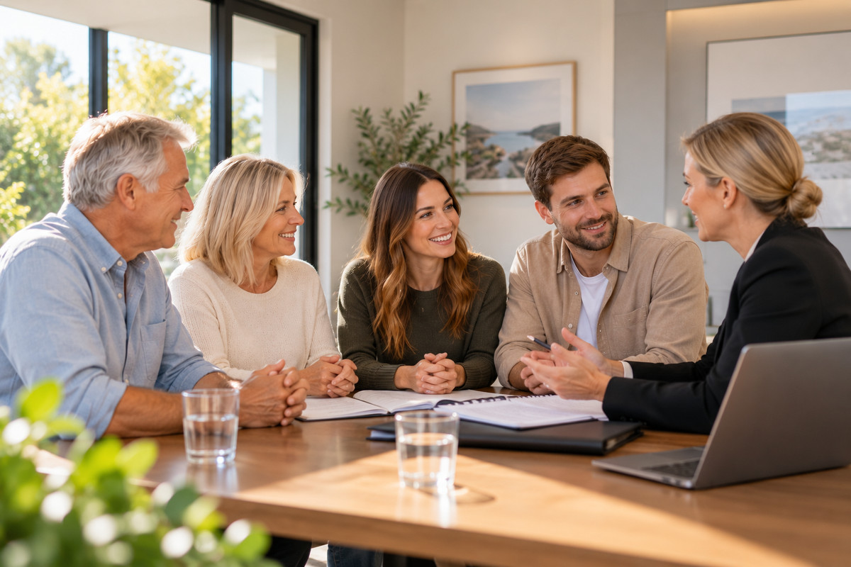 Family members meeting with a lawyer to discuss a co-ownership agreement when buying property together.